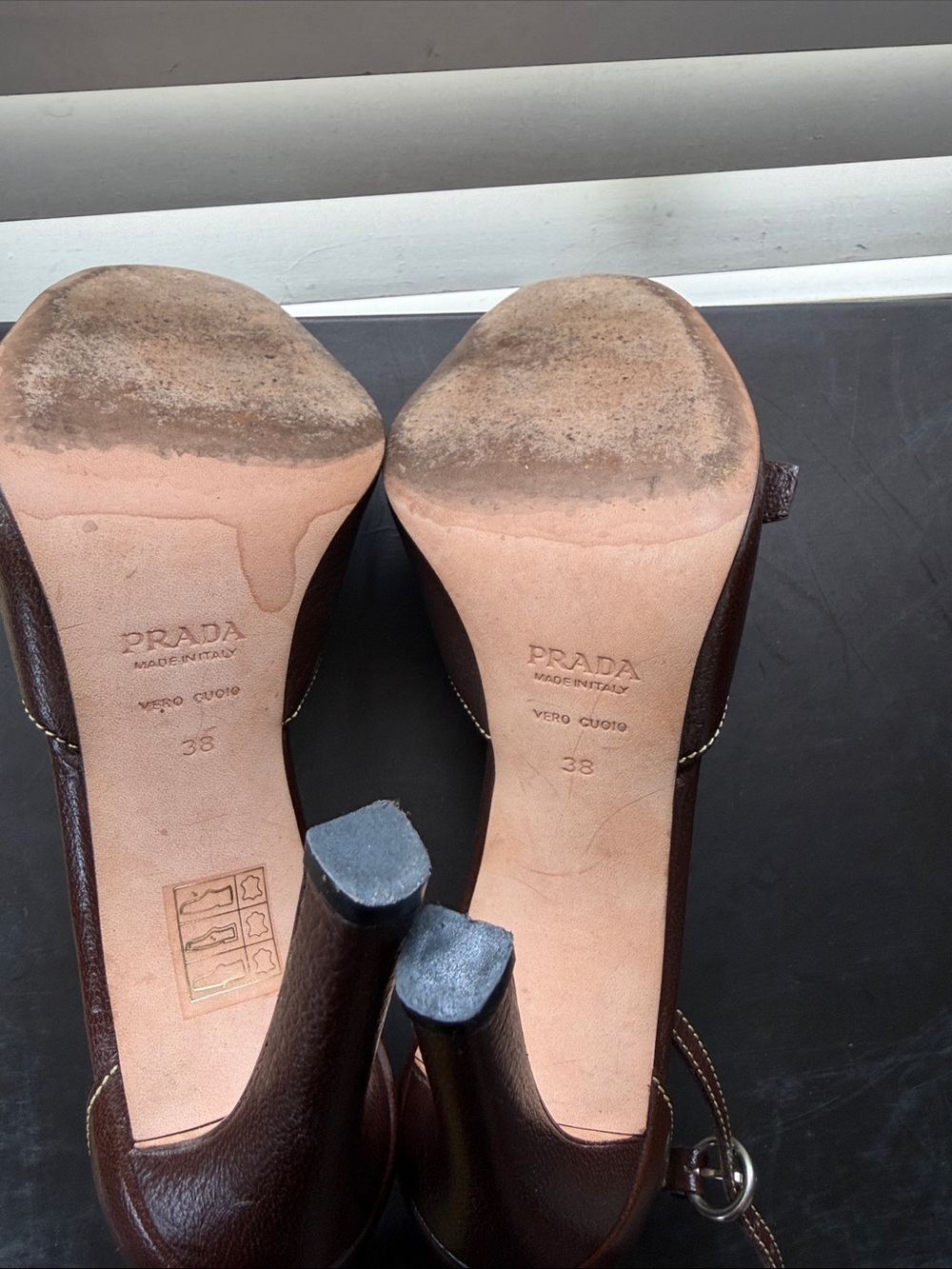 Prada Brown Leather Ankle-Strap Heels with Yellow Insole 4 inch heels - Picture 4 of 4
